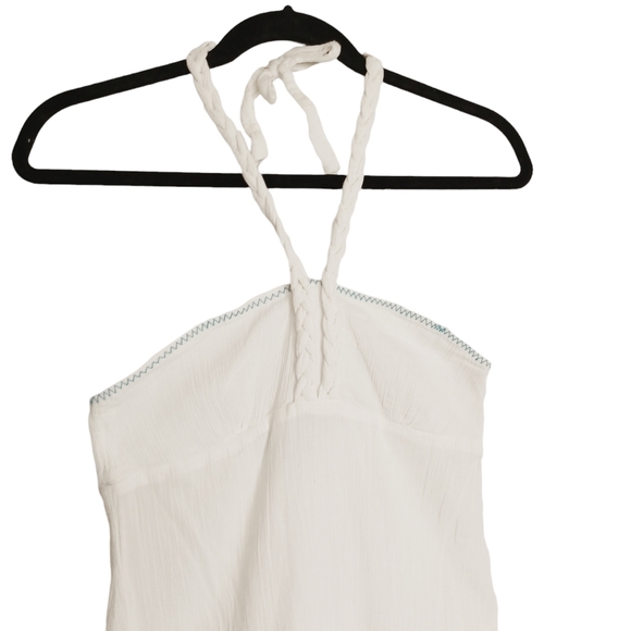 VOLCOM White Crepe Blue Embroidered Halter Neck Sleeveless Dress Medium - Picture 9 of 10